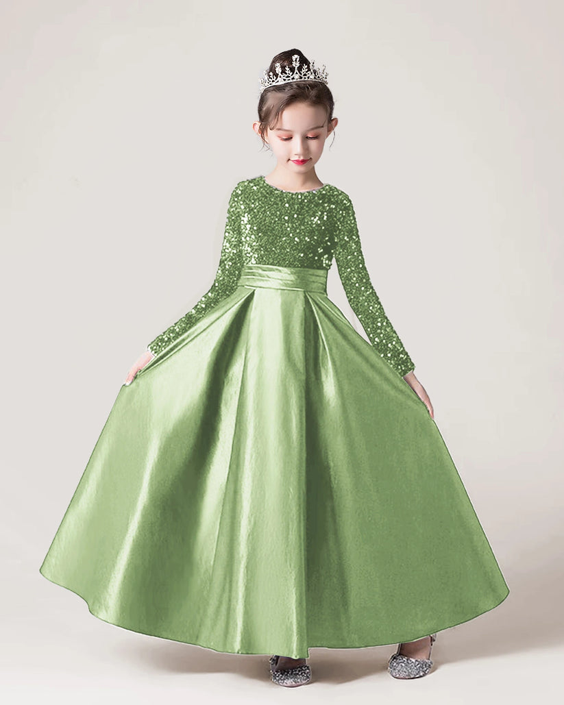 Sage Green Sequin A-line Girls Formal Dress Front View