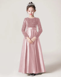 Blush Pink Front Sequin Long Sleeve Flower Girls Dress