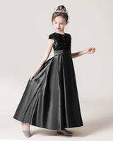 Black Sequin Satin A-line Girls Formal Dress Side View