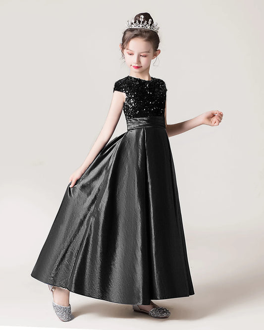 Black Sequin Satin A-line Girls Formal Dress Side View