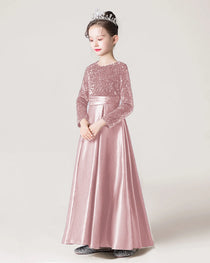 Blush Pink Side Sequin Long Sleeve Flower Girls Dress
