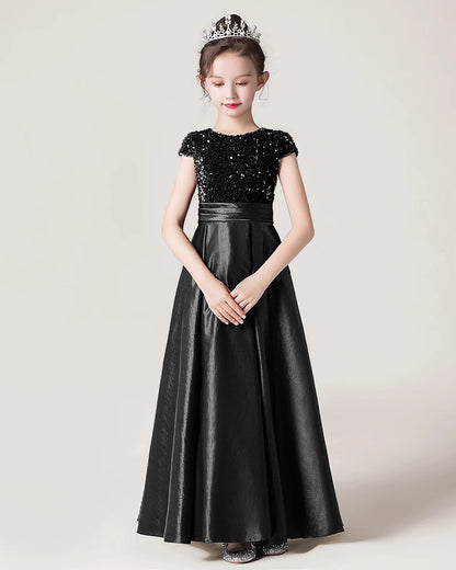Dideyttawl Sequins Flower Girls Dress Satin Formal Brithday Party Gown