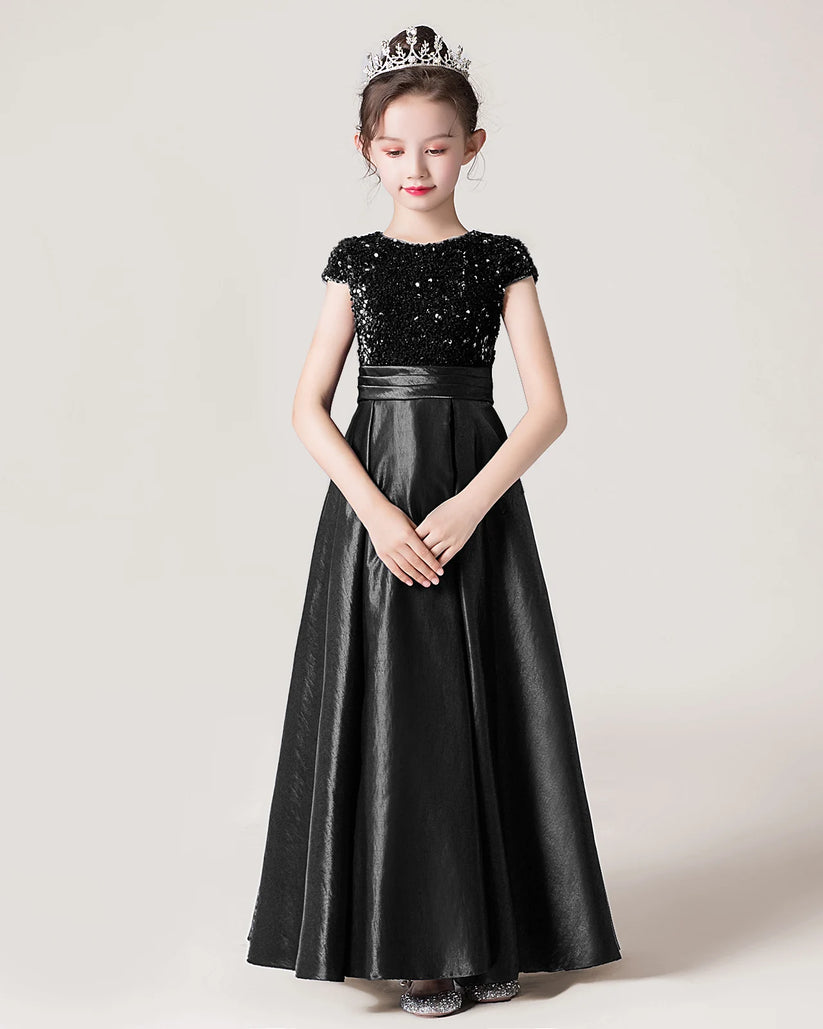 Black Sequin Satin A-line Girls Formal Dress Front View