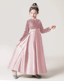 Blush Pink Side Sequin Long Sleeve Flower Girls Dress
