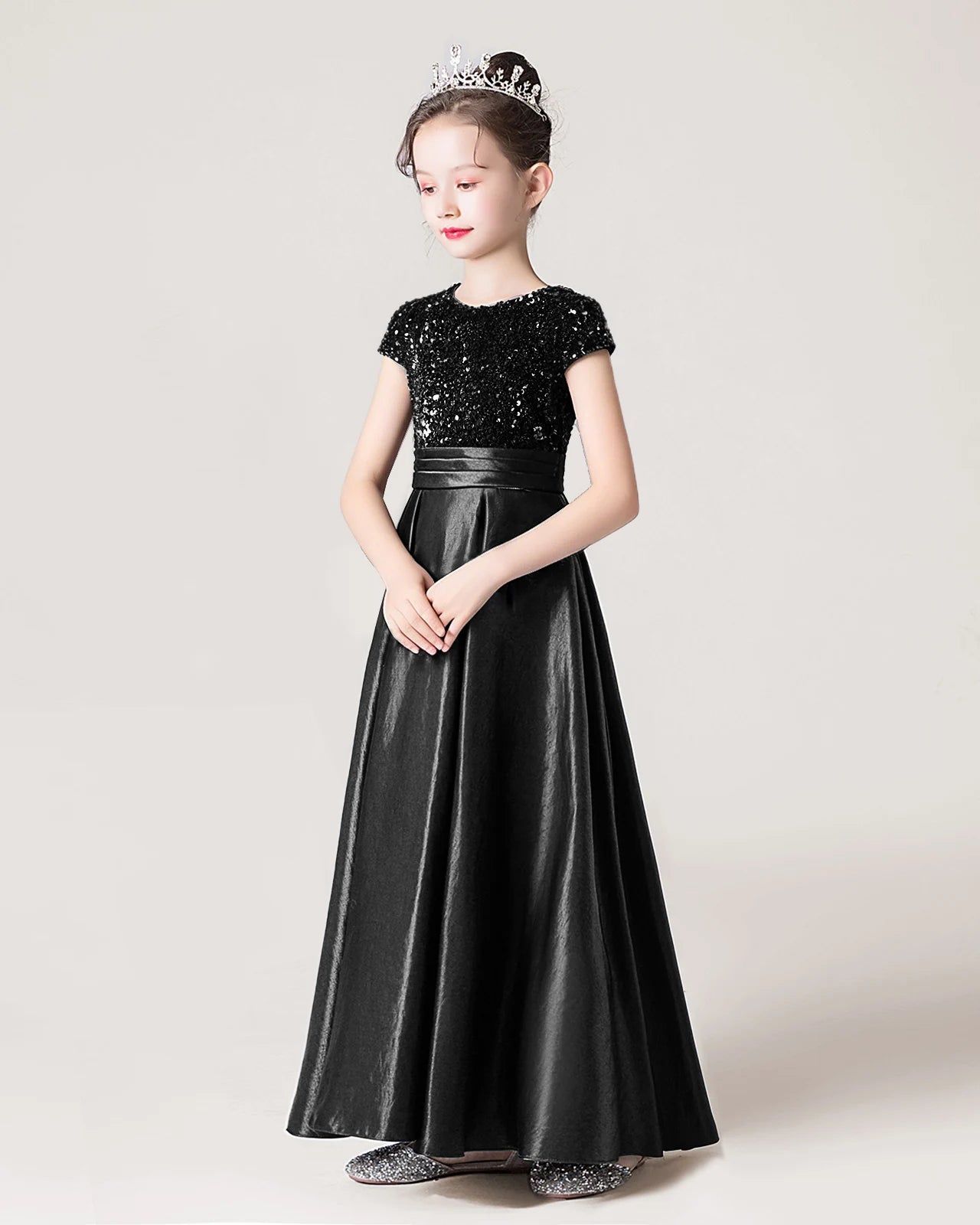 Dideyttawl Sequins Flower Girls Dress Satin Formal Brithday Party Gown