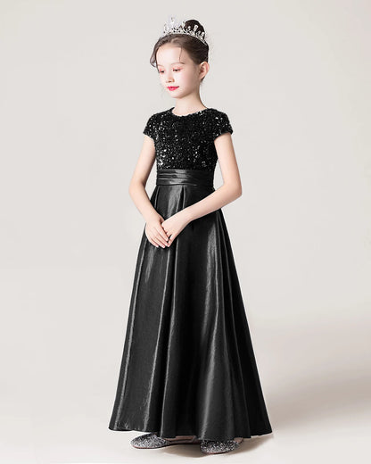 Dideyttawl Sequins Flower Girls Dress Satin Formal Brithday Party Gown