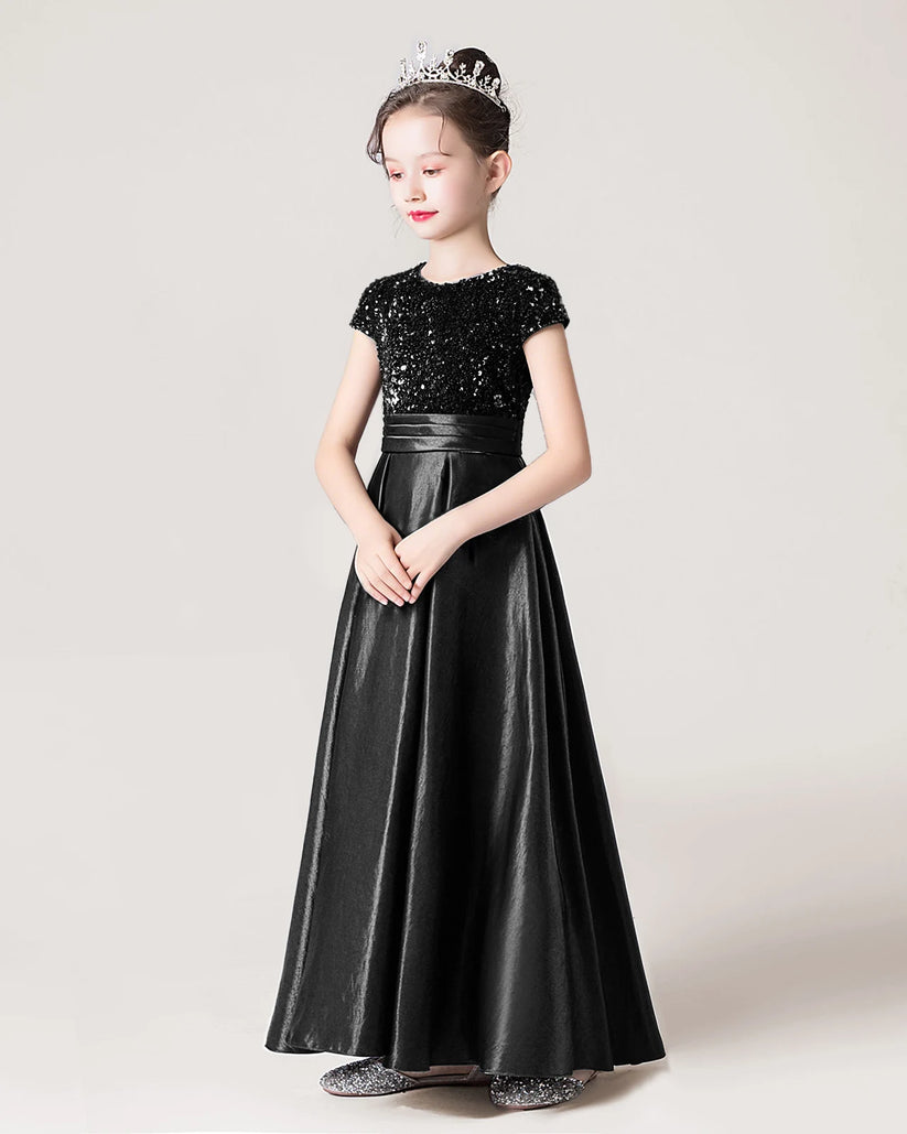 Black Sequin Satin A-line Girls Formal Dress Front View