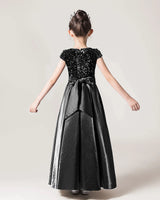 Black Sequin Satin A-line Girls Formal Dress Back View