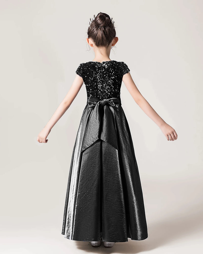Black Sequin Satin A-line Girls Formal Dress Back View