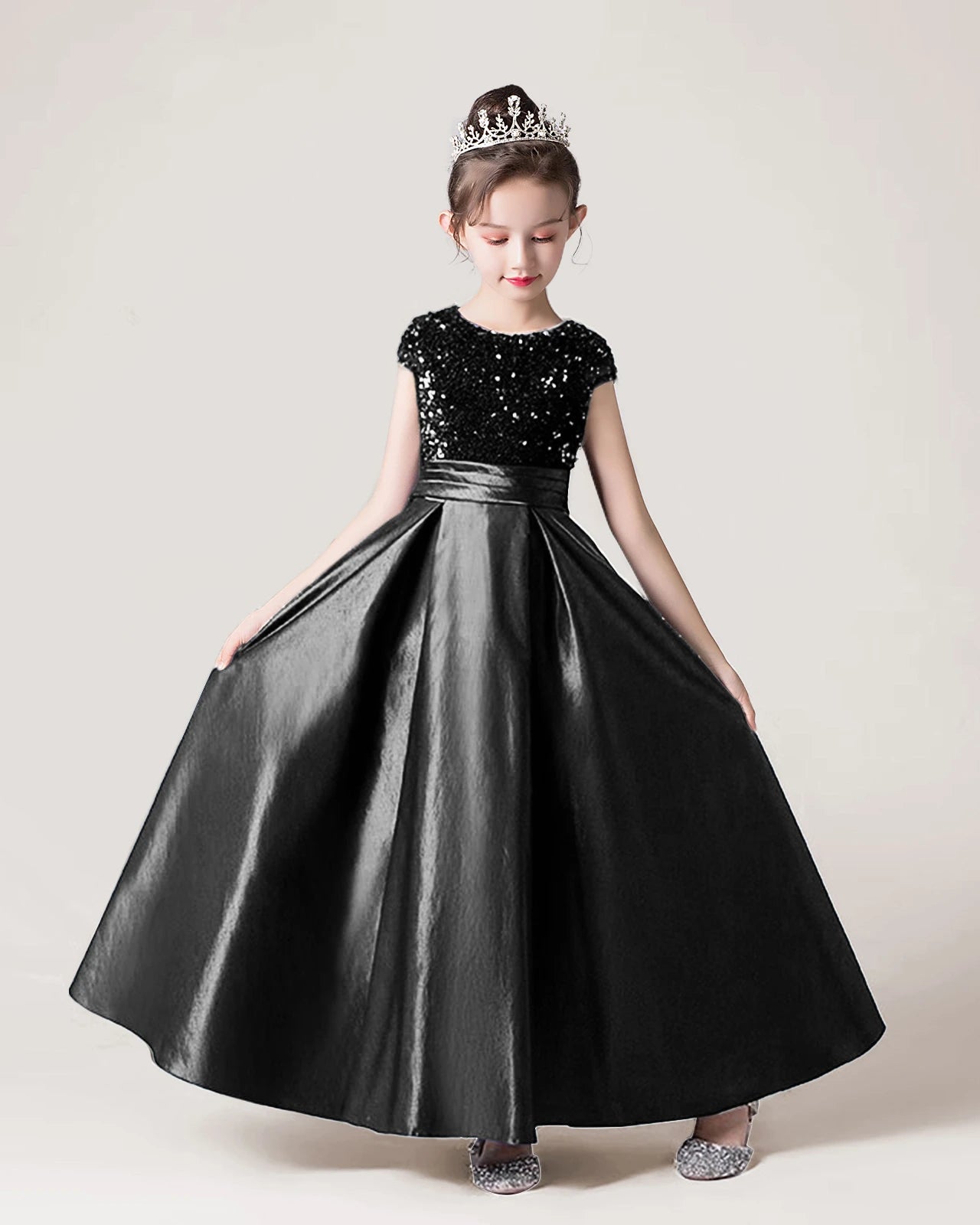 Dideyttawl Sequins Flower Girls Dress Satin Formal Brithday Party Gown