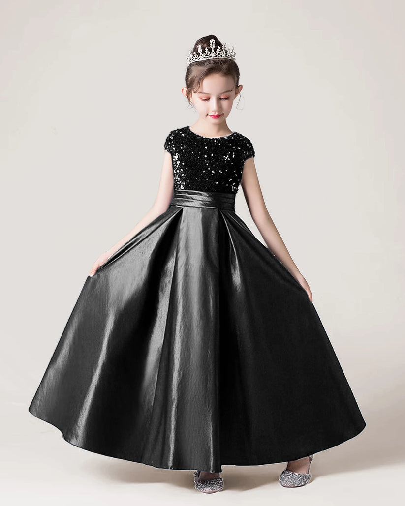 Black Sequin A-line Girls Formal Dress Front View