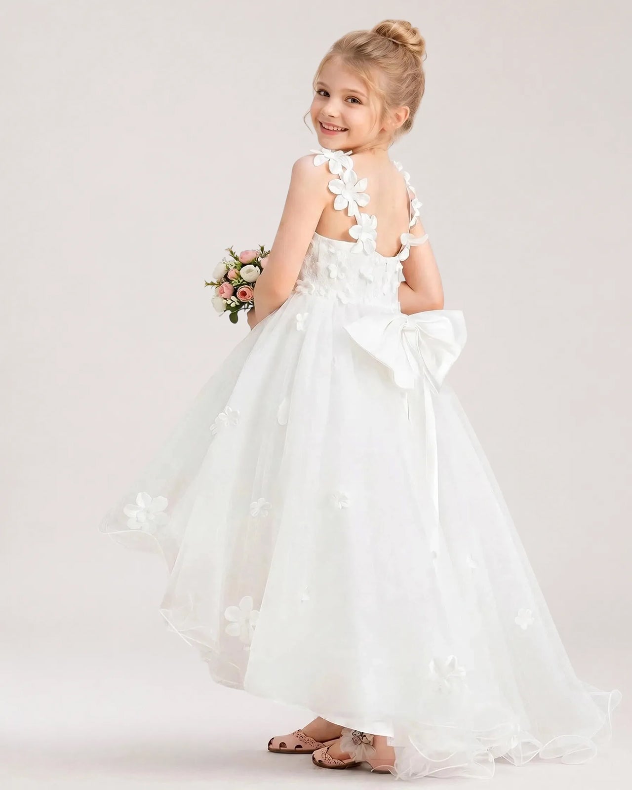 White Tulle A-line Flower Girl Dress Back View