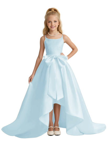 dideyttawl High-Low Big Bow Junior Bridesmaid Dresses for Girls 4-16 Satin A-Line Pageant Formal Party Dress 2535