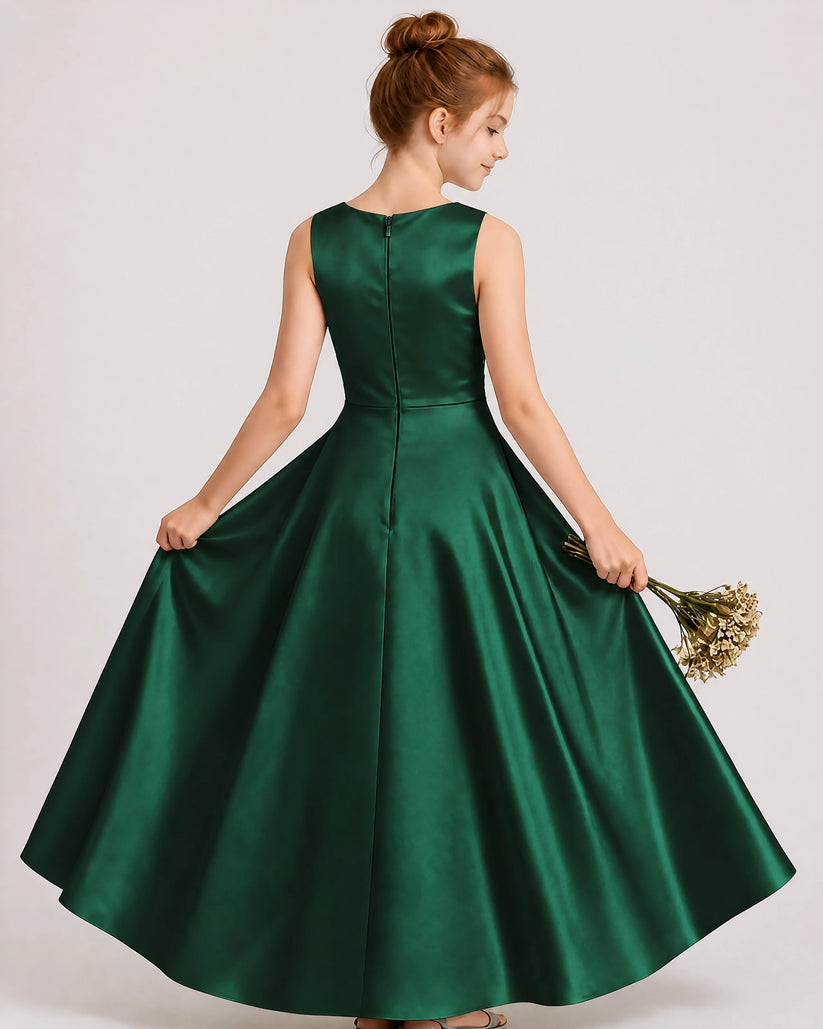 Dark Green Satin A-line Junior Bridesmaid Dress Back View