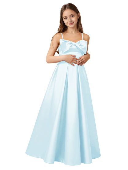 dideyttawl 2026 Girls Satin Prom Ball Gown with Big Bow Maxi Spaghetti Straps Junior Bridesmaid Flower Girl Dress 2548