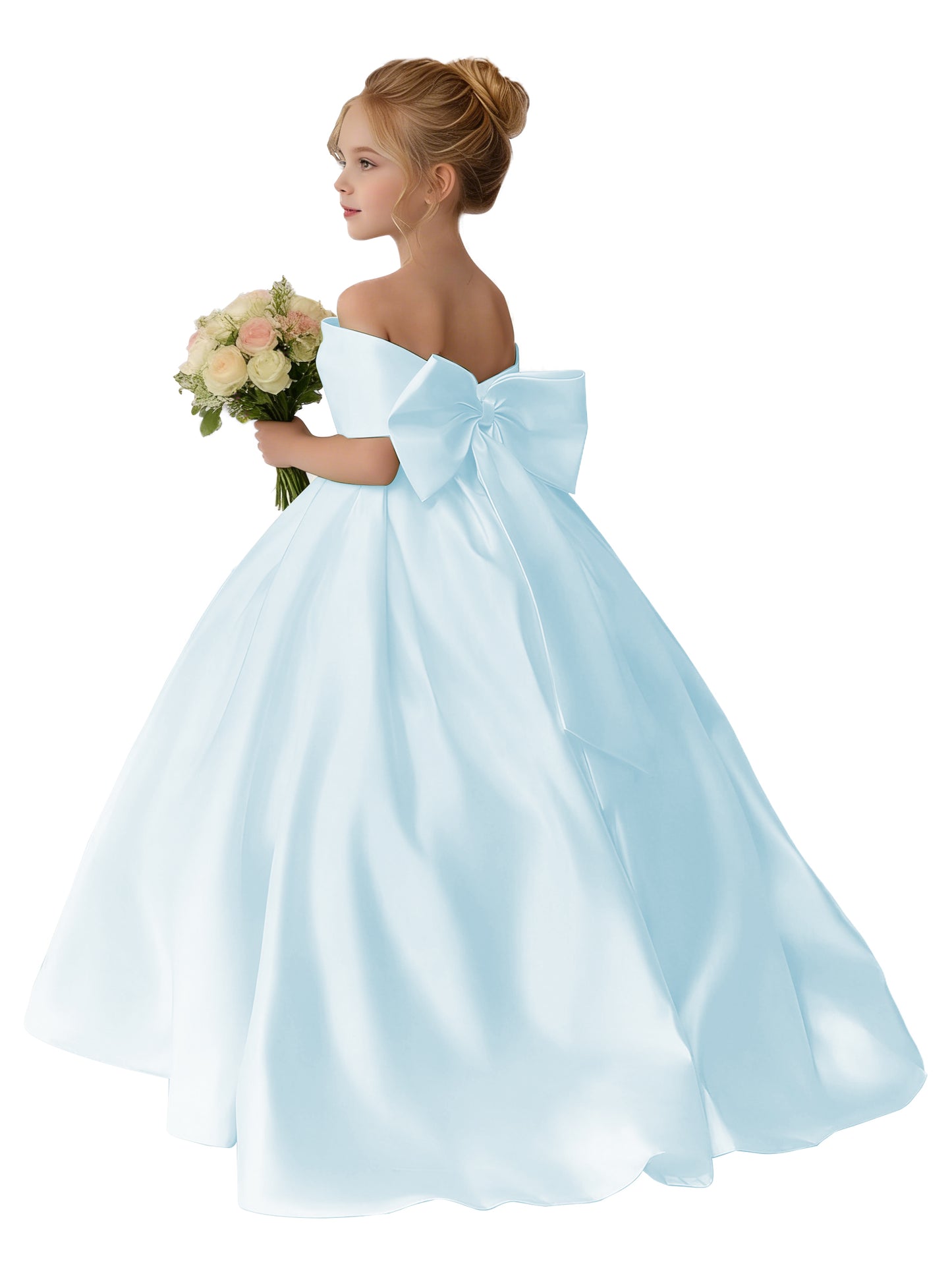 Dideyttawl Satin Flower Girl Dress A Line Off Shoulder Formal Ball Gown Bow Back