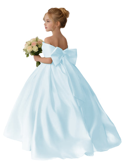Dideyttawl Satin Flower Girl Dress A Line Off Shoulder Formal Ball Gown Bow Back