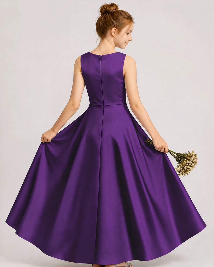 Purple Satin A-line Junior Bridesmaid Dress Back View