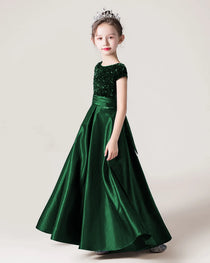 Dark Green Side Sequin Flower Girls Dress