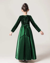 Dark Green Back Sequin Long Sleeve Flower Girls Dress