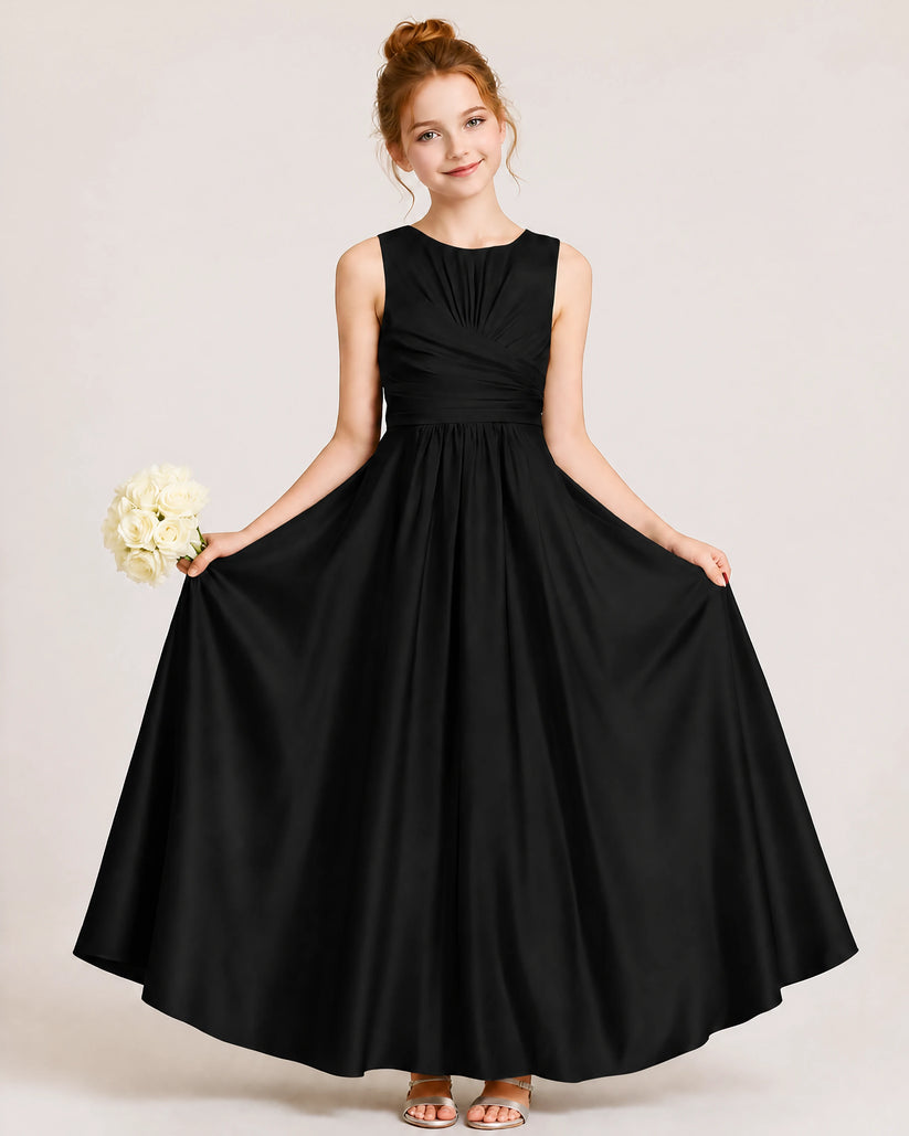 Black Satin A-line Junior Bridesmaid Dress Front View