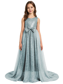 Dideyttawl Lavender Glitter Tulle Girls Formal Dress Bow Waist Princess Ball Gown
