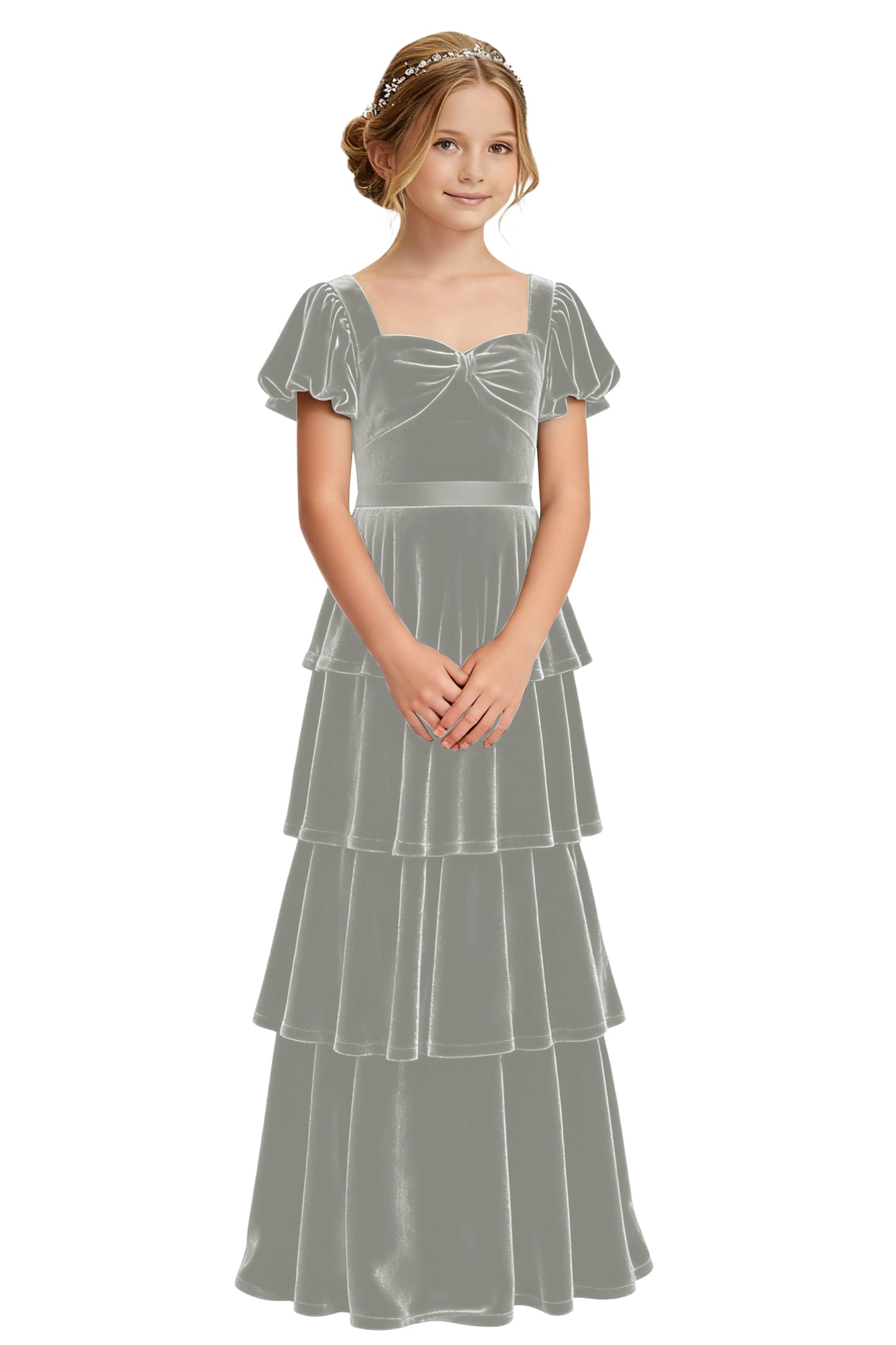 dideyttawl Girls Pleated Velvet Short Lantern Sleeves Long Junior Bridesmaid Dress 2542