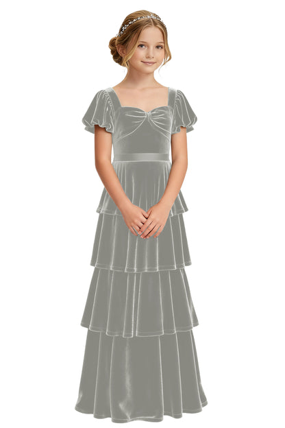 dideyttawl Girls Pleated Velvet Short Lantern Sleeves Long Junior Bridesmaid Dress 2542