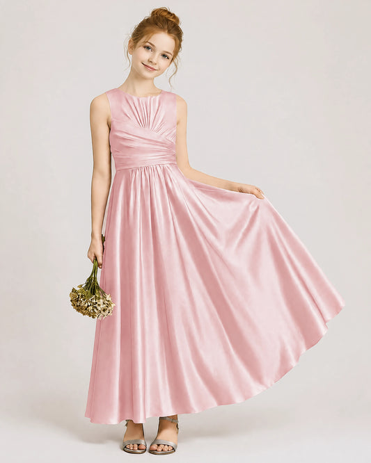 Dusty Rose Satin A-line Junior Bridesmaid Dress Front View