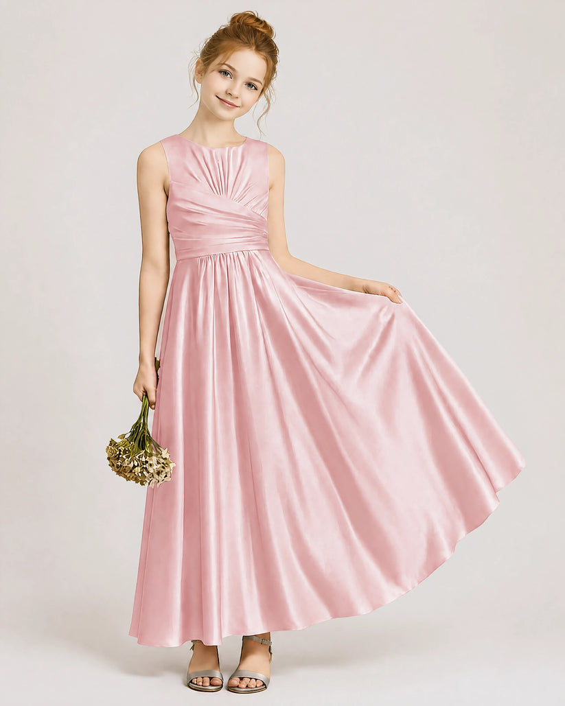 Dusty Rose Satin A-line Junior Bridesmaid Dress Front View