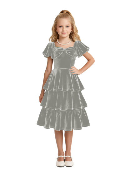 dideyttawl Girls Pleated Velvet Knee Length Junior Bridesmaid Dress with Short Lantern Sleeves 2543