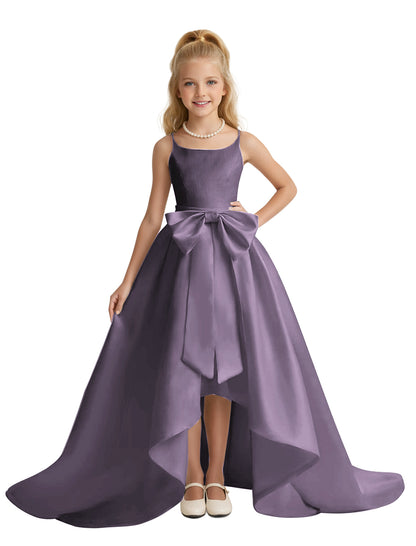 dideyttawl High-Low Big Bow Junior Bridesmaid Dresses for Girls 4-16 Satin A-Line Pageant Formal Party Dress 2535