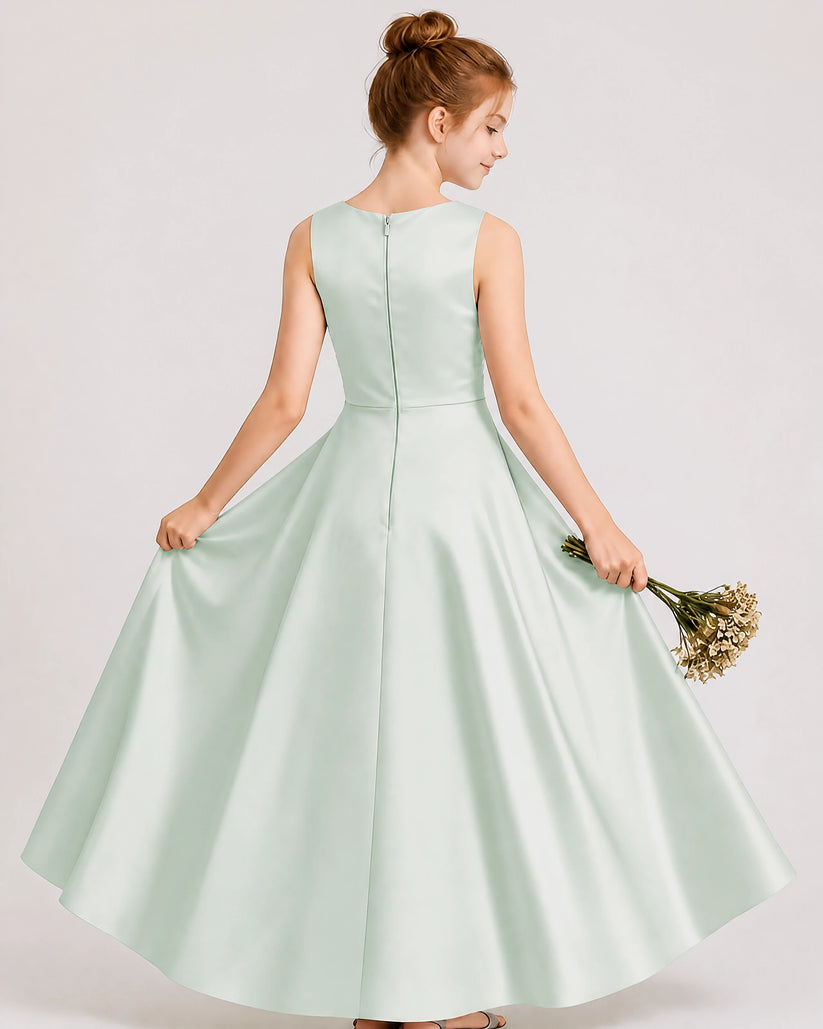 Mist Satin A-line Junior Bridesmaid Dress Back View