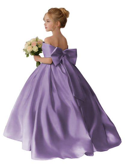 Dideyttawl Satin Flower Girl Dress A Line Off Shoulder Formal Ball Gown Bow Back