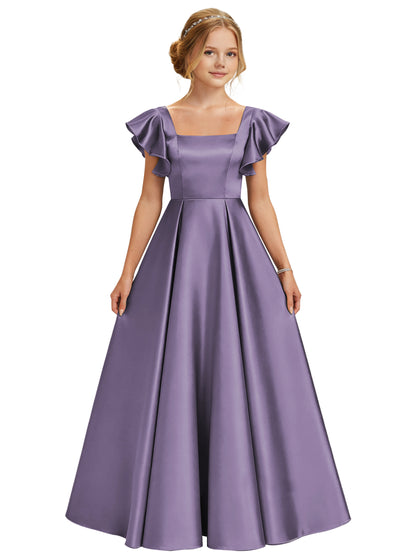 dideyttawl 2026 Girls Satin Prom Ball Gown Princess Dress Maxi Ruffle Sleeve Junior Bridesmaid Flower Girl Dresses 2546