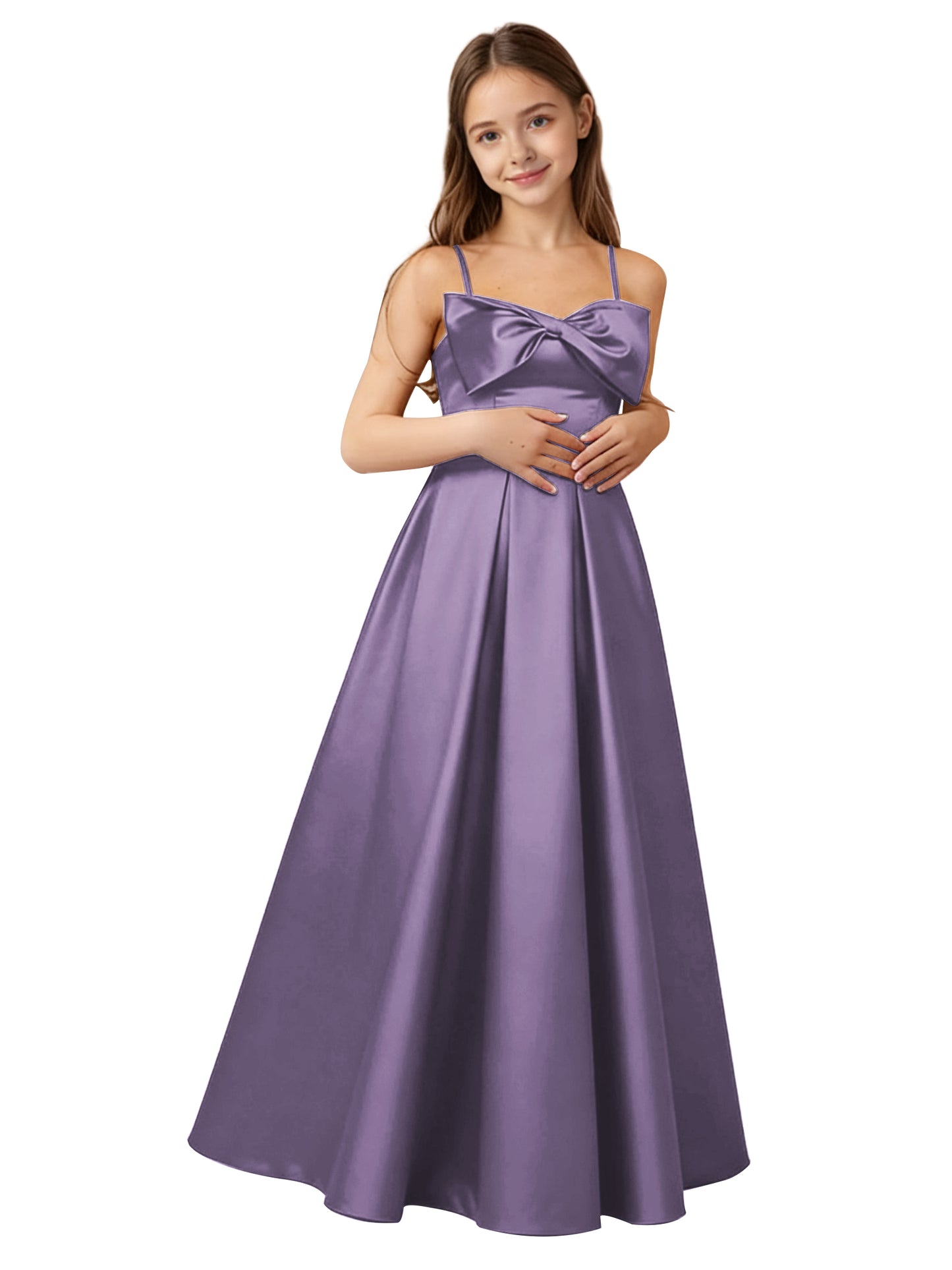 dideyttawl 2026 Girls Satin Prom Ball Gown with Big Bow Maxi Spaghetti Straps Junior Bridesmaid Flower Girl Dress 2548