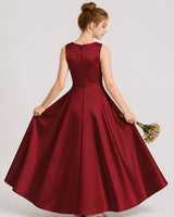 Burgundy Satin A-line Junior Bridesmaid Dress Back View