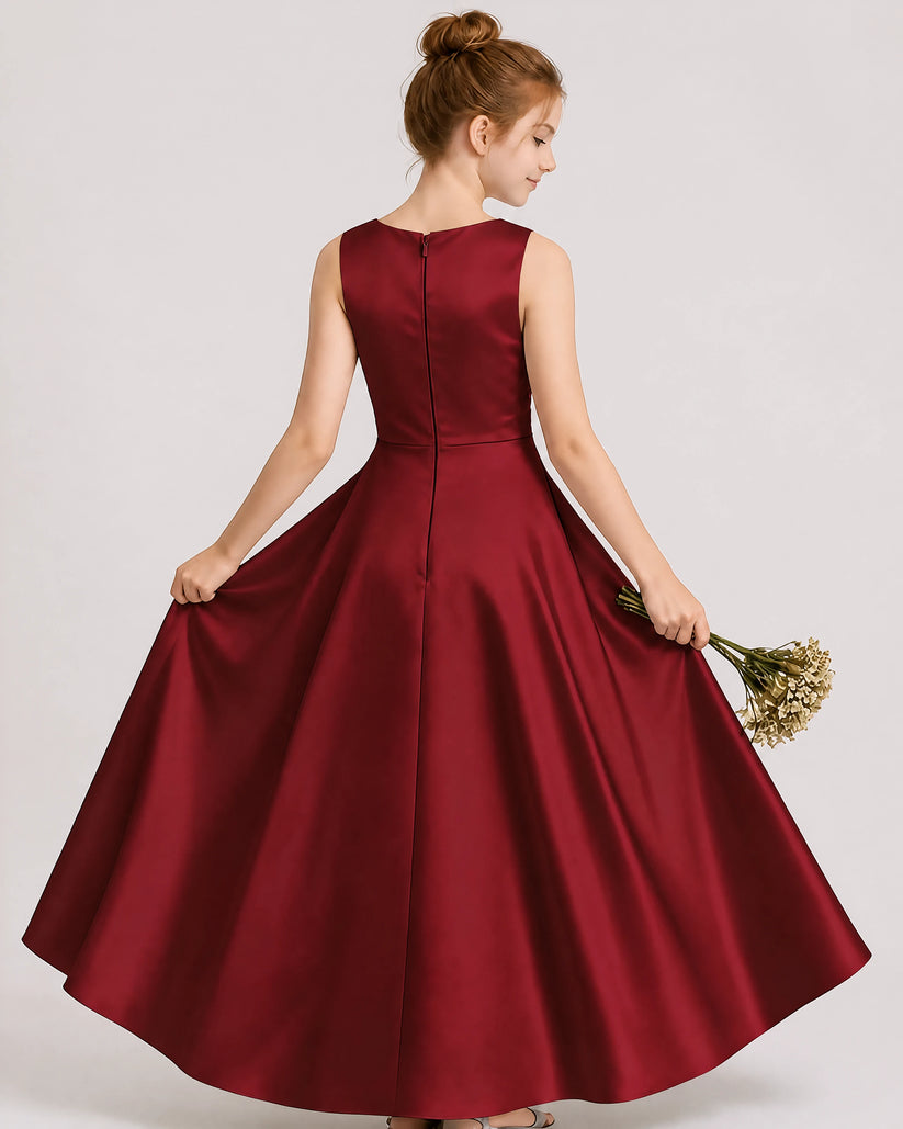 Burgundy Satin A-line Junior Bridesmaid Dress Back View