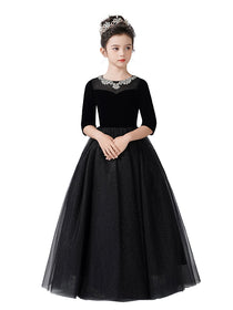 Dideyttawl Girls Formal Dress with Half Sleeves Velvet Bodice and Sparkly Tulle Skirt
