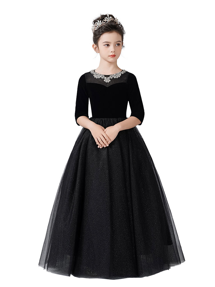 Dideyttawl Girls Formal Dress with Half Sleeves Velvet Bodice and Sparkly Tulle Skirt