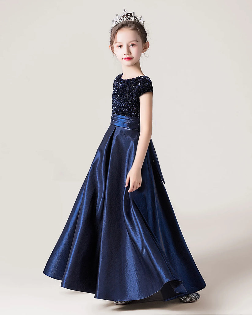 Navy Blue Sequin Satin A-line Girls Formal Dress Side View