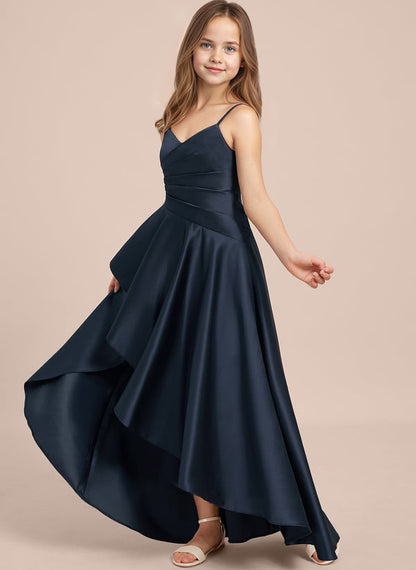 dideyttawl High Low Junior Bridesmaid Dress V-Neck Silk Satin Flower Girl Dress Sleeveless Formal Special Occasion Dress for Wedding 2523