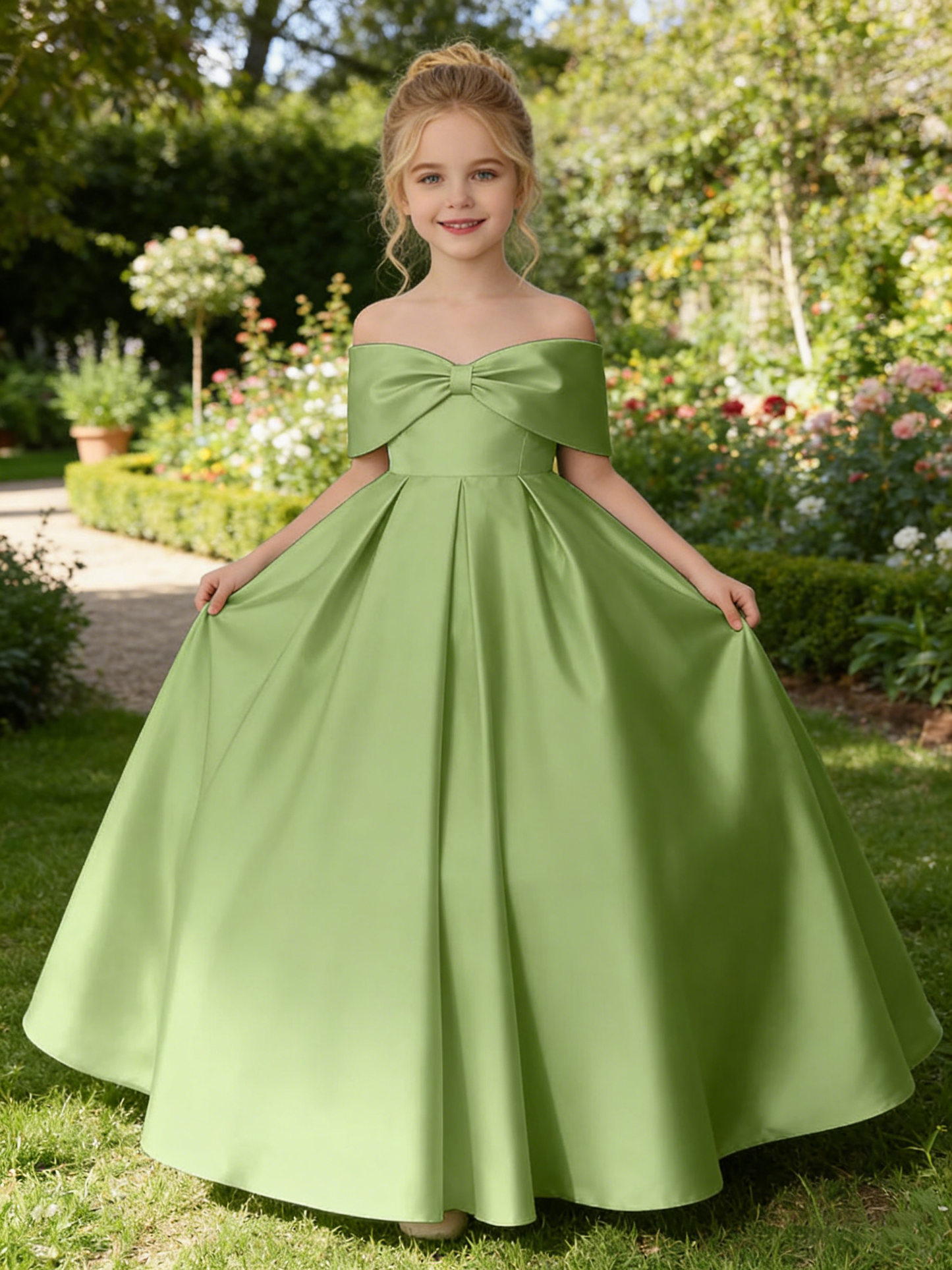 Dideyttawl Satin Flower Girl Dress A Line Off Shoulder Formal Ball Gown Bow Back