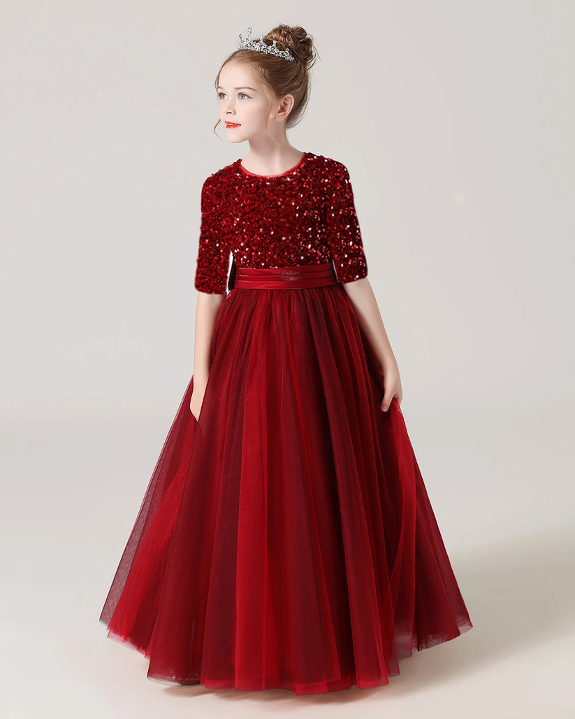 Burgundy Tulle A-line Flower Girl Dress Front View