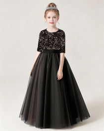 Black Front Sequin Mid Sleeve Flower Girl Dress