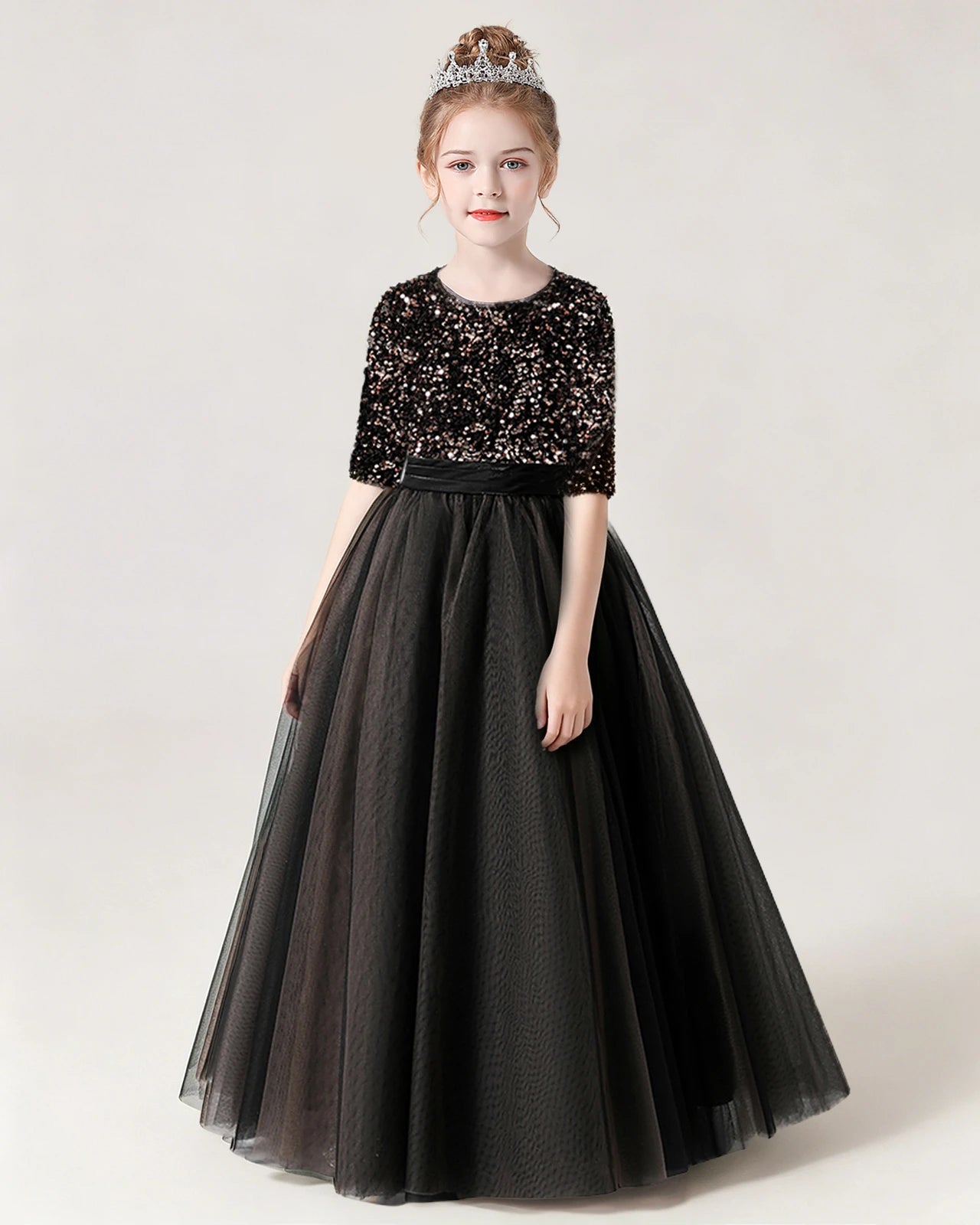 Black Front Sequin Mid Sleeve Flower Girl Dress