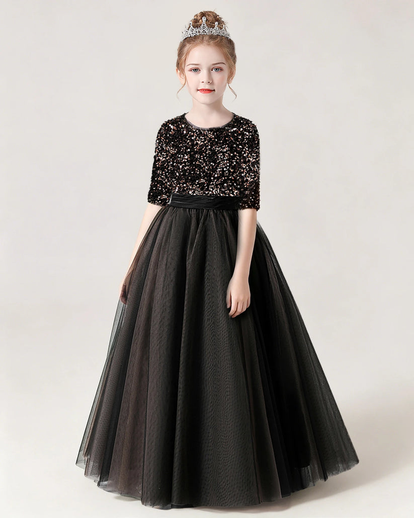 Black Sequin Tulle A-line Flower Girl Dress Front View