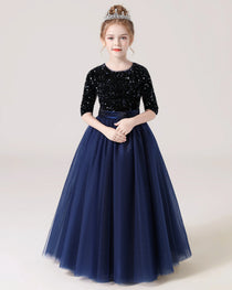 Navy Blue Front Sequin Mid Sleeve Flower Girl Dress