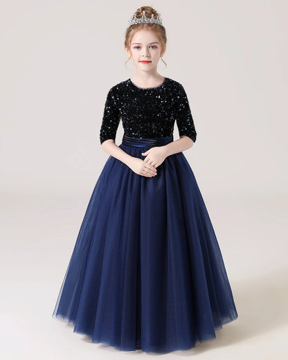 Navy Blue Front Sequin Mid Sleeve Flower Girl Dress