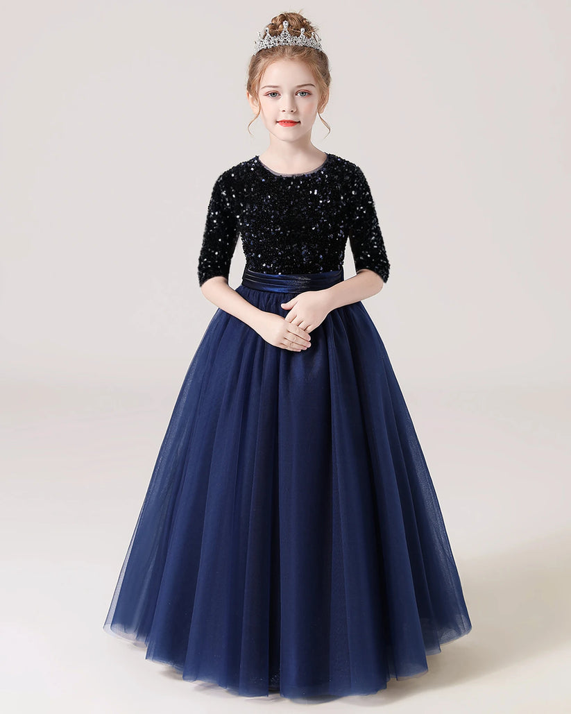 Navy Blue Sequin Tulle A-line Flower Girl Dress Front View